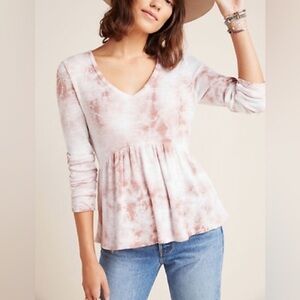 Anthropologie T. La Jill Pink Tie Dye Babydoll Peplum Top